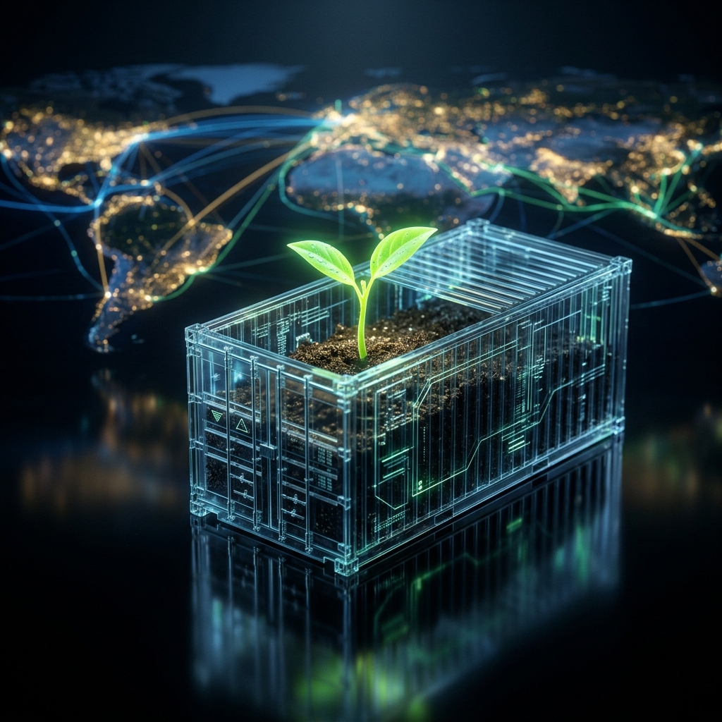 Abstract visualization of global trade and sustainability with a green seedling